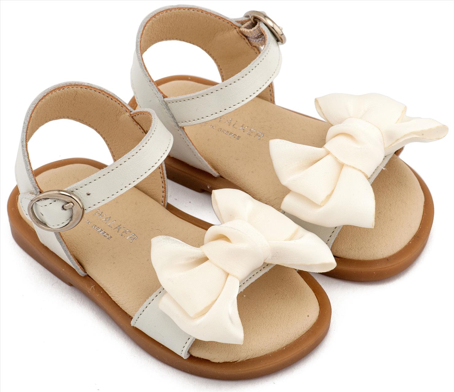 Δερμάτινο Πέδιλο Διακοσμημένο με Χειροποίητο Φιόγκο Οργάντζας σε Εκρού Χρώμα