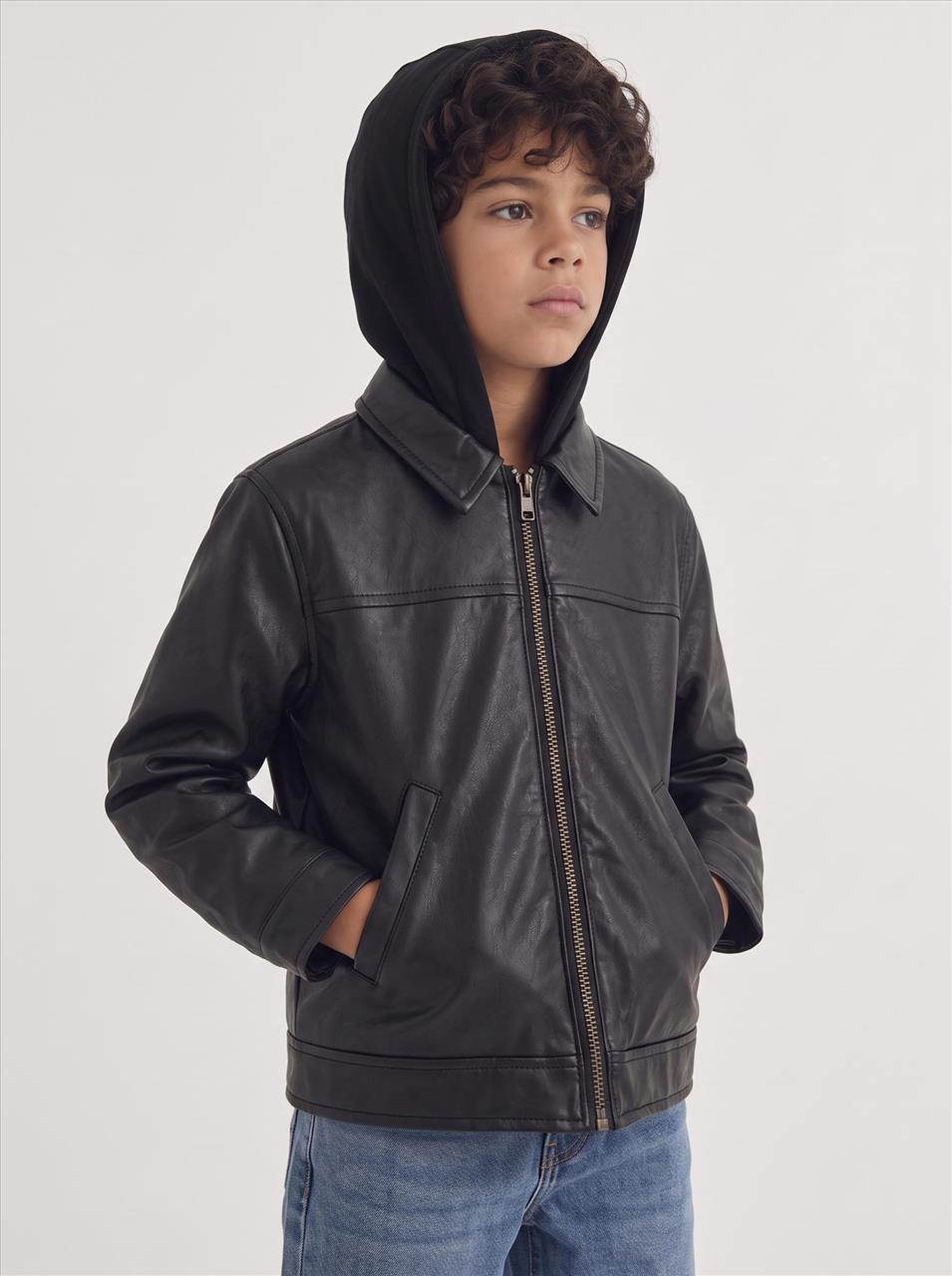JACKET HOODIES ECO LEATHER BLACK BOY LOSAN S3-12